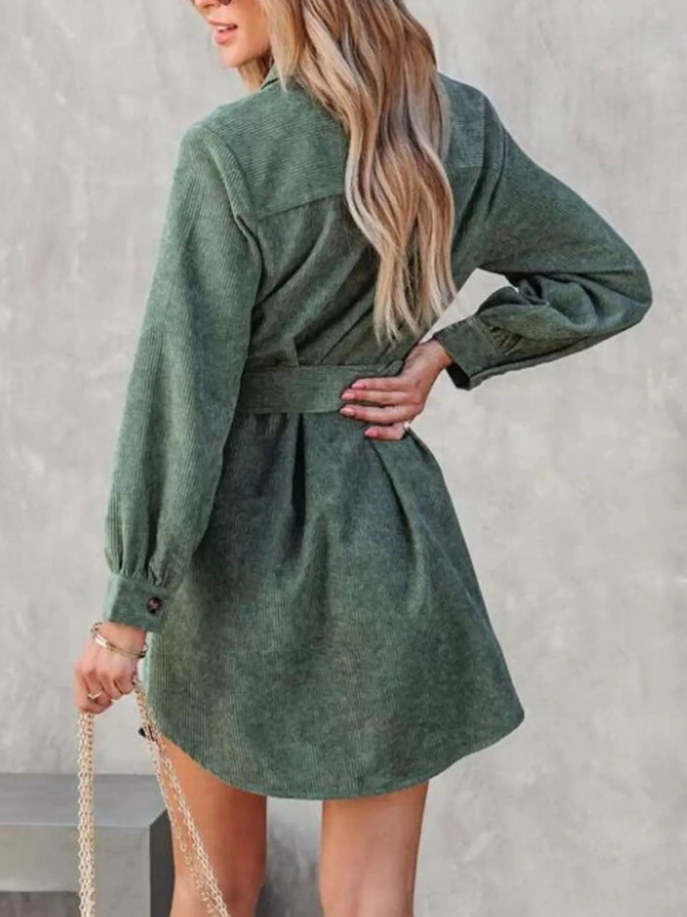 Button Front Belt Long Sleeve Corduroy Dress.