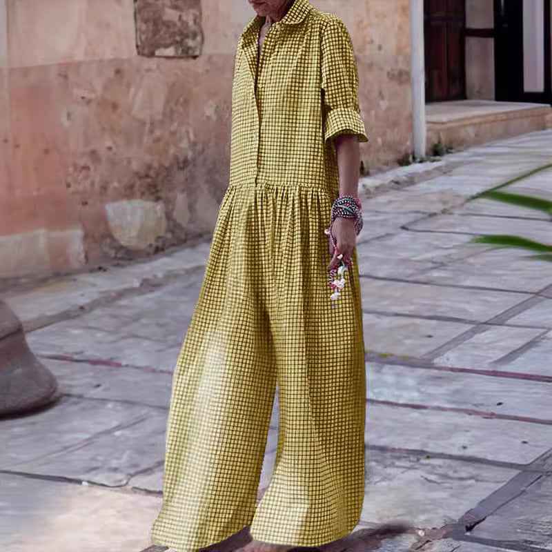 Plaid Collar Long Sleeve Jumpsuit