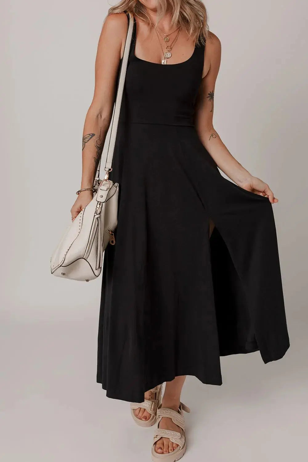 Side Slit Scoop Neck Wide Strap Dress.