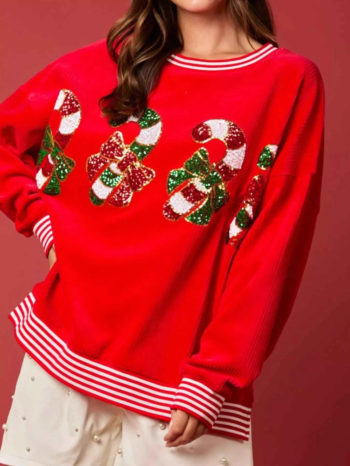 Christmas Sequin Candy Cane and Santa Sweatshirt with Striped Hem