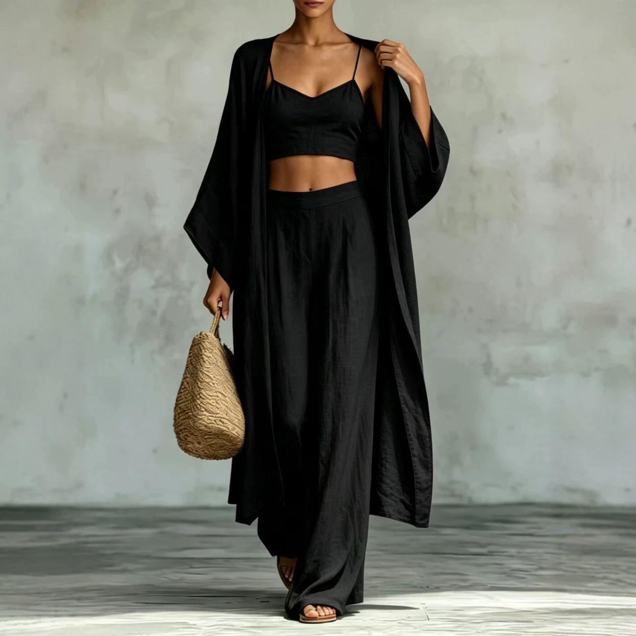 Loose cardigan short strap high waist wide leg pants set eprolo