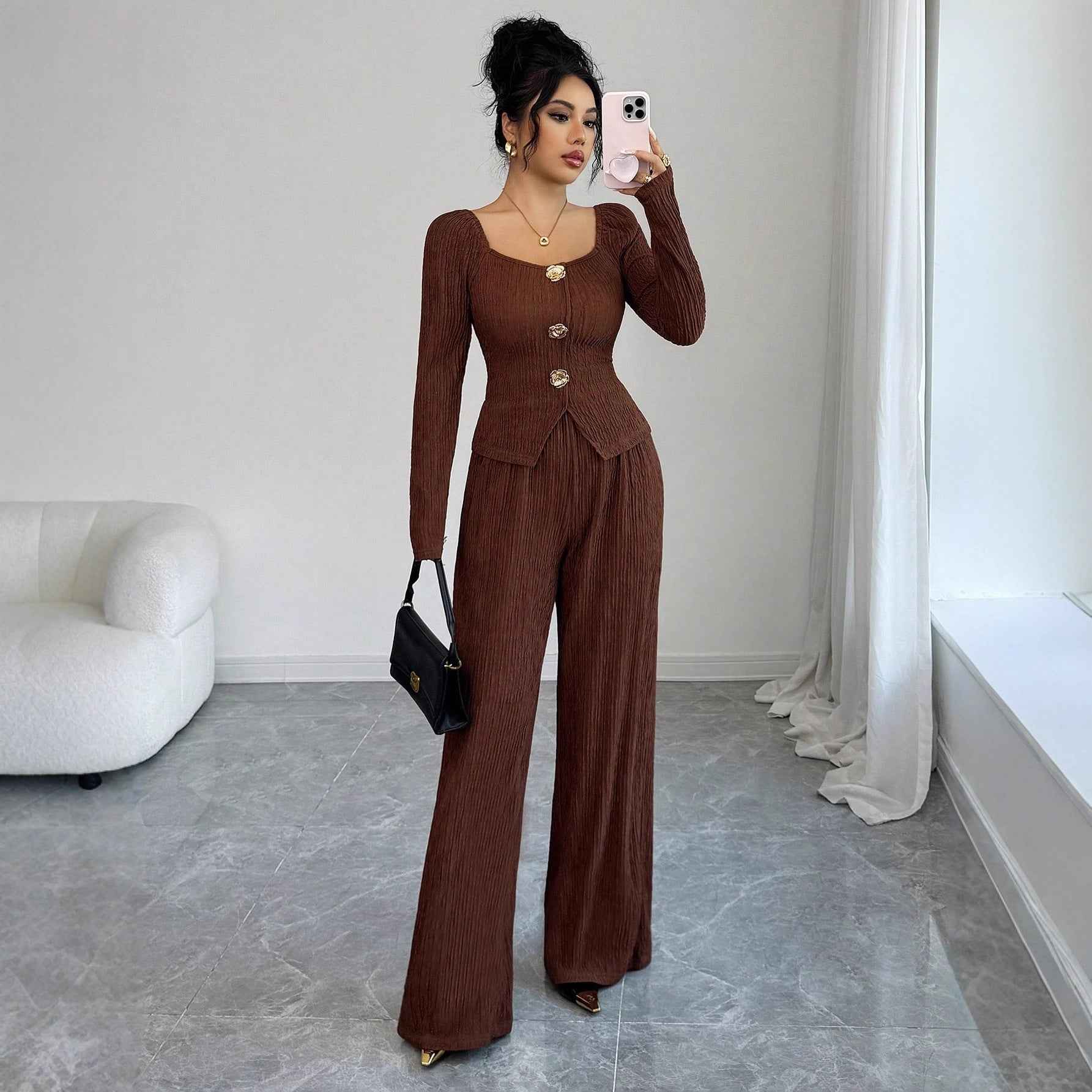 Solid color square neck slim fit set for women