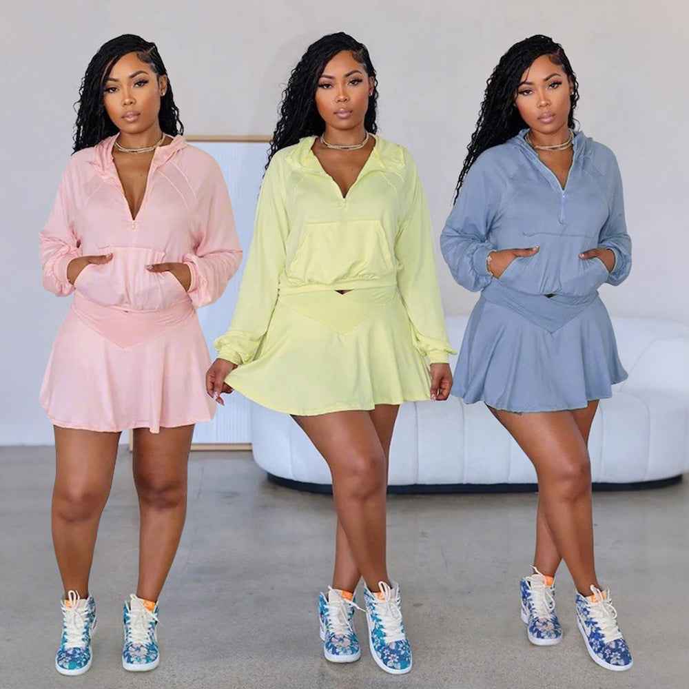 Solid Color Suit Set for Women - Casual Sportswear Two-Piece Skirt and Pants with Hoodie Top