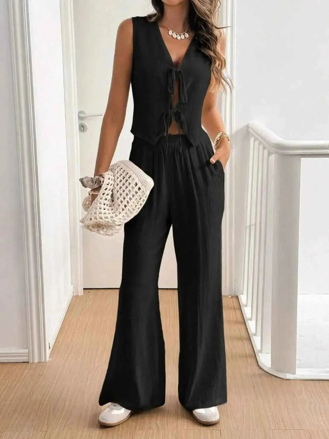 V Neck Sleeveless Top and Pants Set.