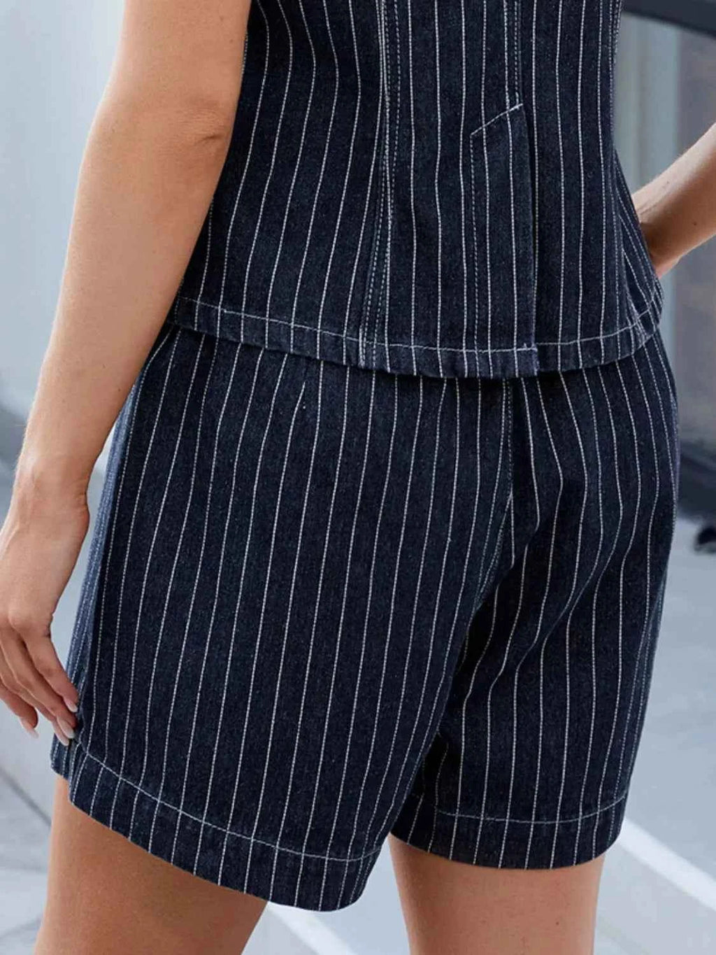 Round Neck Striped Top and Shorts Denim Set.