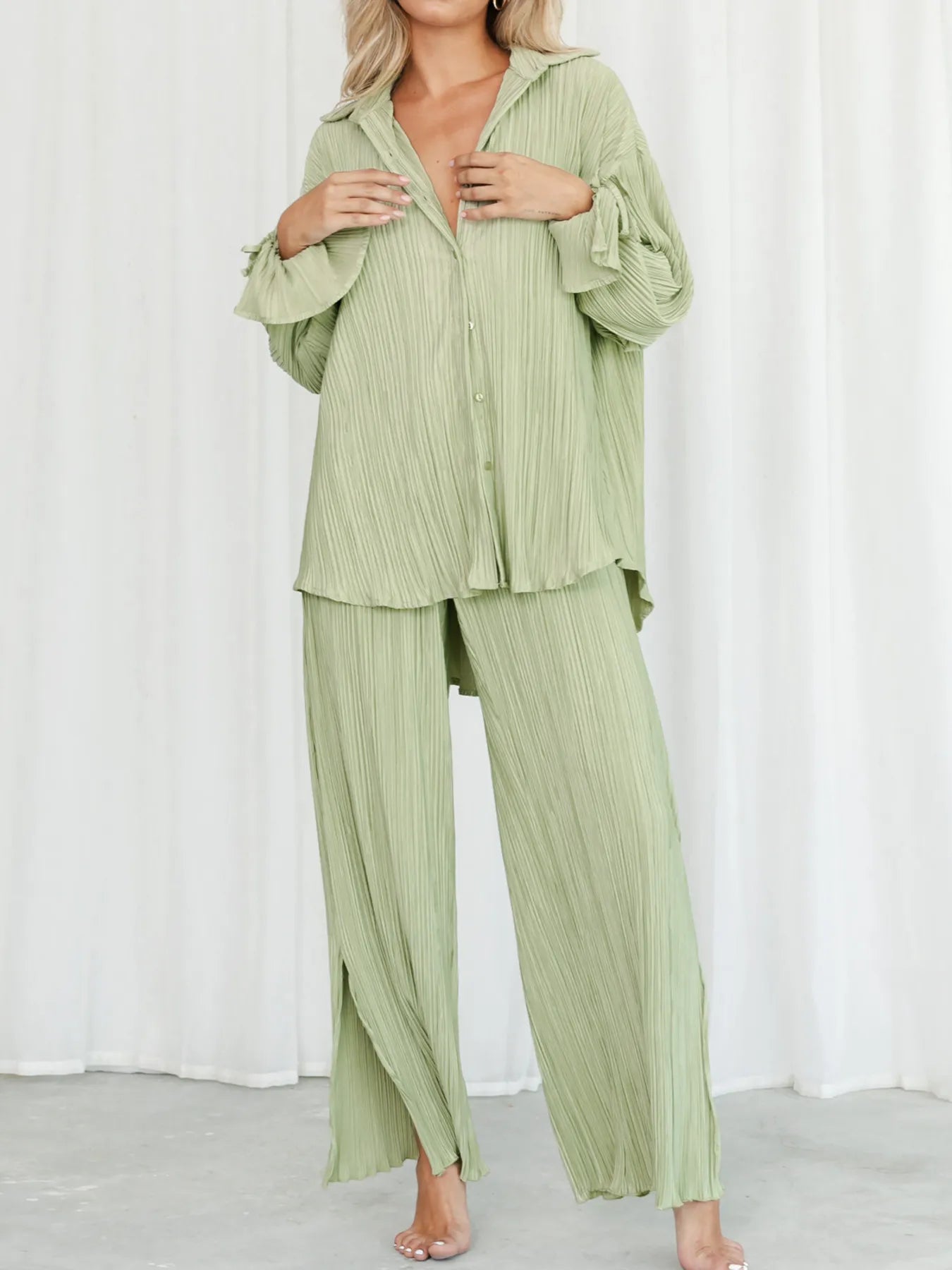 Button Up Long Sleeve Top and Pants Set.