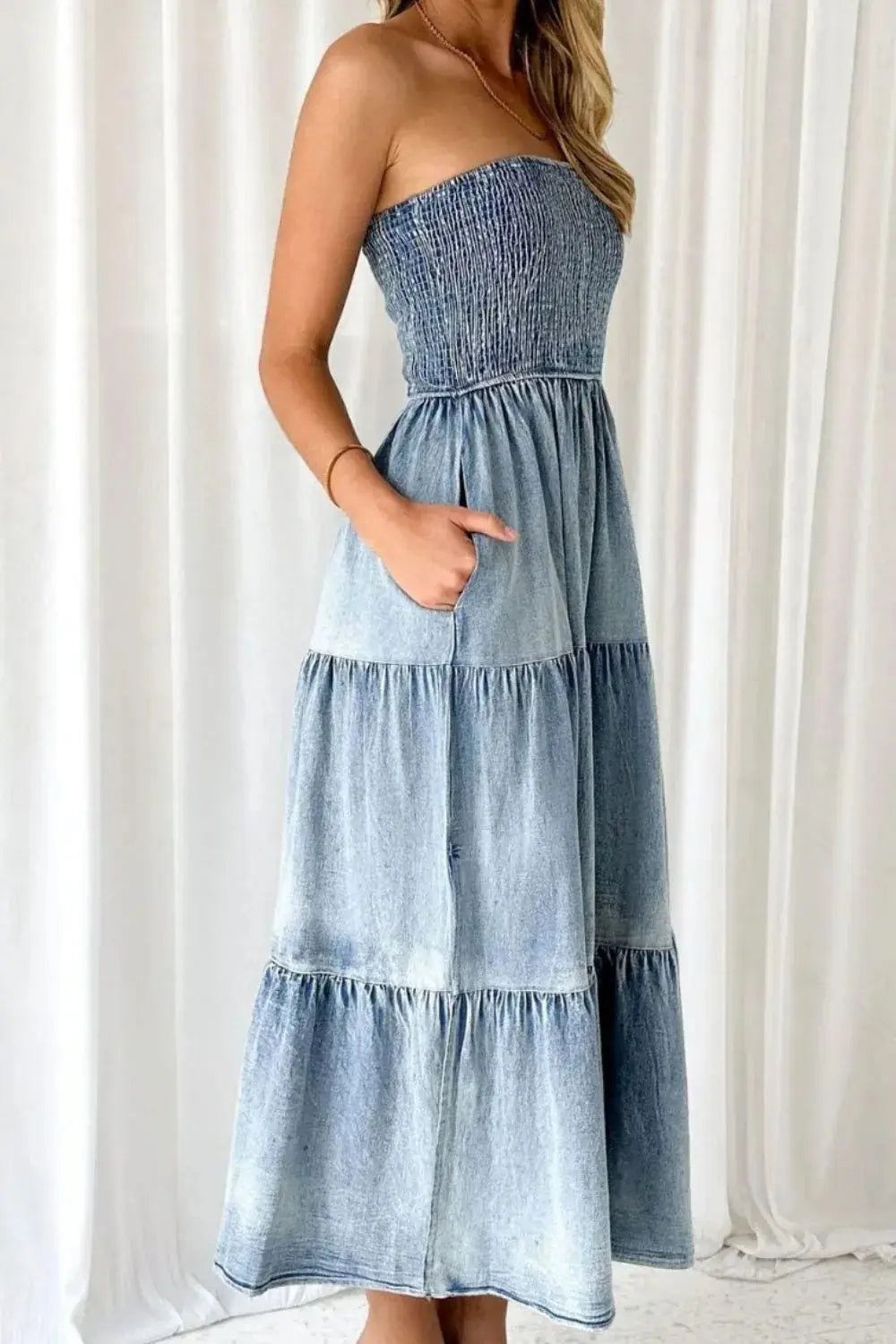 Smocked Tube Slit Tiered Denim Dress.