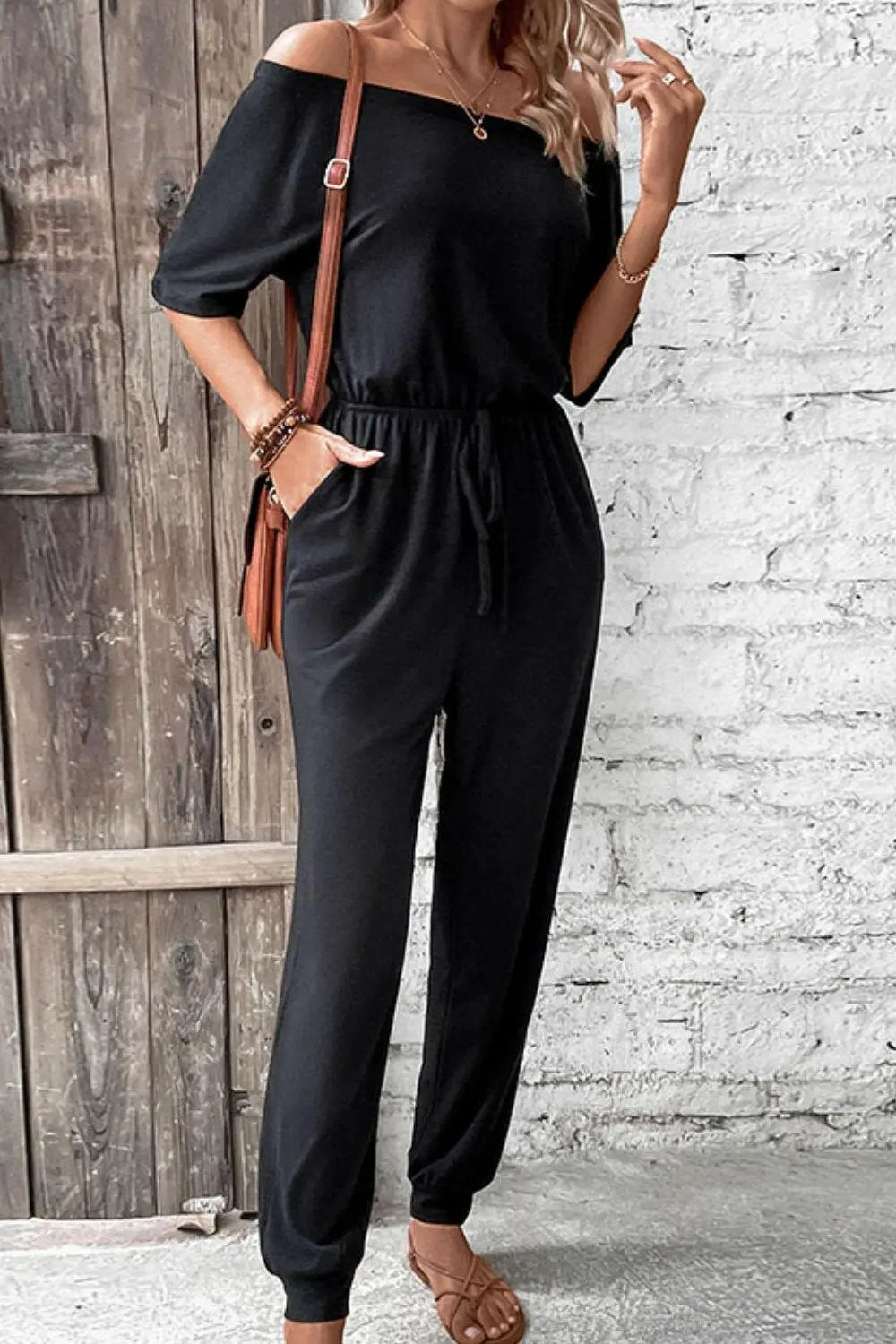 Perfee Off-Shoulder Jumpsuit with Pockets.