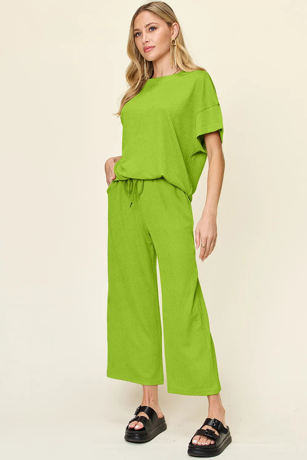 Double Take Full Size Texture Round Neck Short Sleeve T-Shirt and Wide Leg Pants - CHIC TB