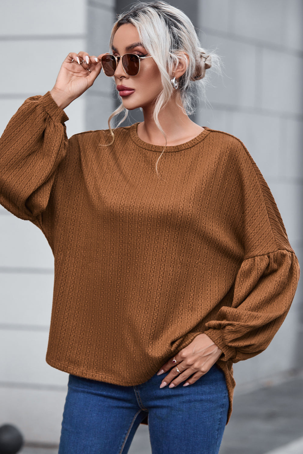 Faux Knit Jacquard Puffy Long Sleeve Top Dear-Lover Dropshipping