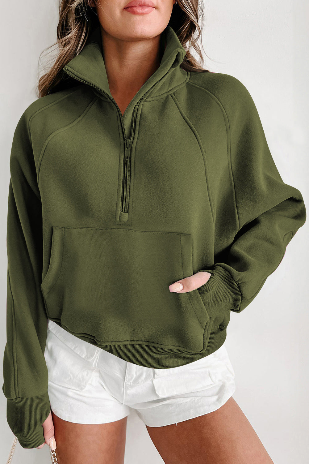 Green Fleece Lined Zip Up Stand Collar Thumbhole Sleeve Sweatshirt Dear-Lover Dropshipping