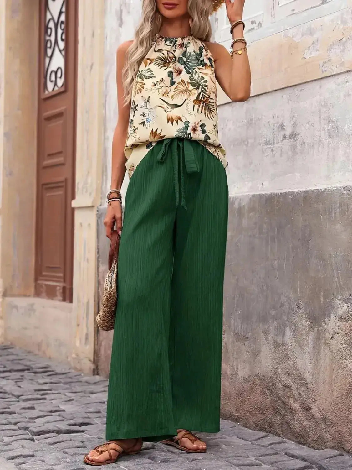 Tank Top and Wide Leg Pants Set.