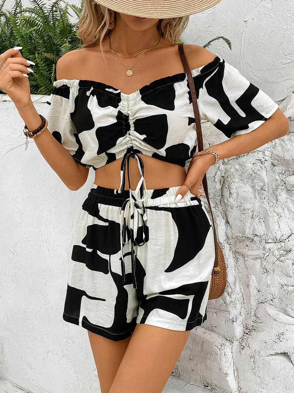 Perfee Drawstring Off-Shoulder Top and Shorts Set - CHIC TB