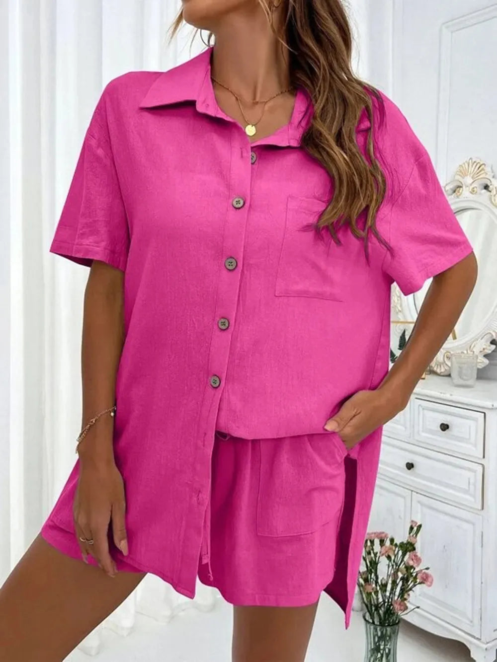 Button Up Shirt and Drawstring Shorts Set - CHIC TB