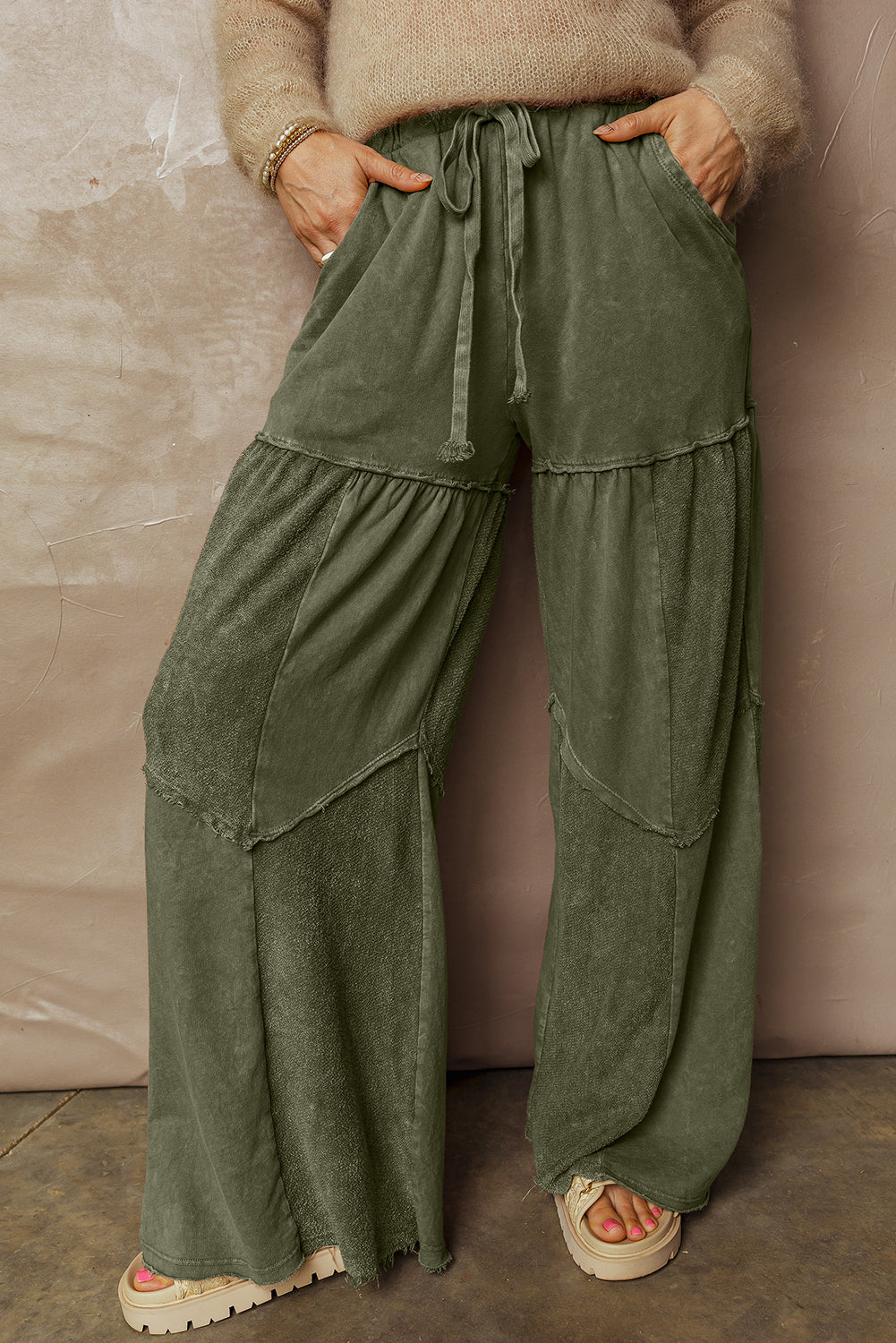Vineyard Green Mineral Wash Tiered Wide Leg Patchwork Drawstring Pants Dear-Lover Dropshipping