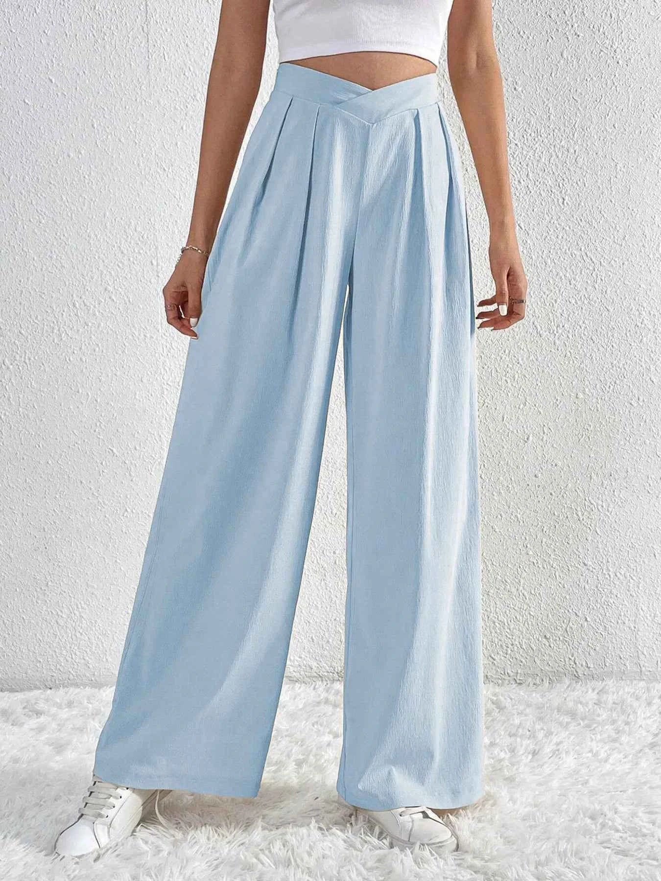 V-Waisted Ruched Front Wide Leg Pants.