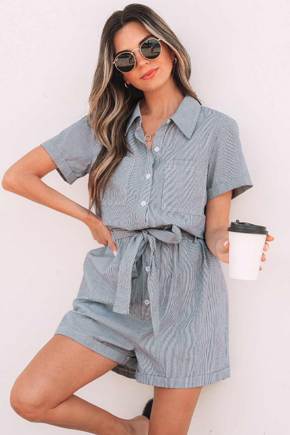 Blue Stripe Chest Pockets Buttoned Belted High Waist Romper Dear-Lover Dropshipping