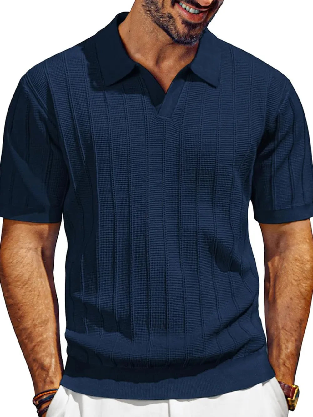Men's Full Size Textured Collared Neck Short Sleeve Polo Plus Size.