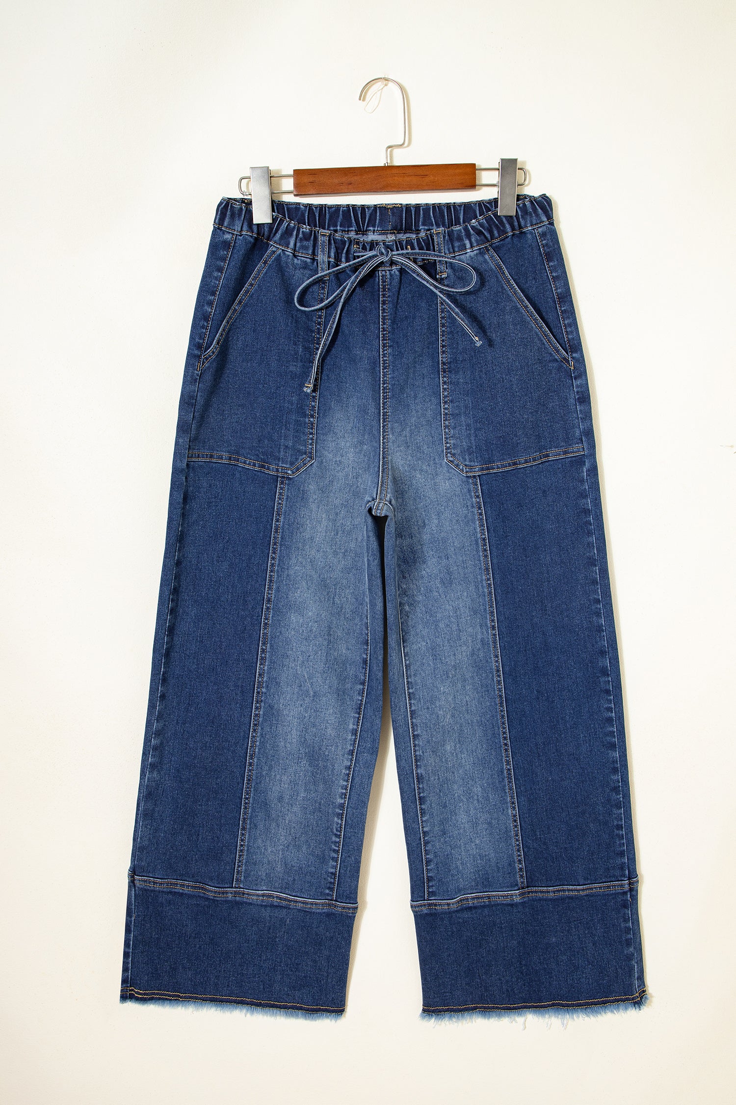 Prussian Blue Drawstring Seam Detail Raw Hem Wide Leg Denim Pants Dear-Lover Dropshipping