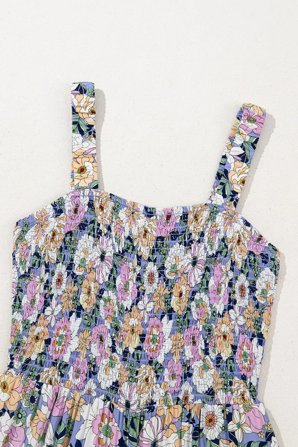 Floral Print Smocked High Waist Square Neck Jumpsuit.