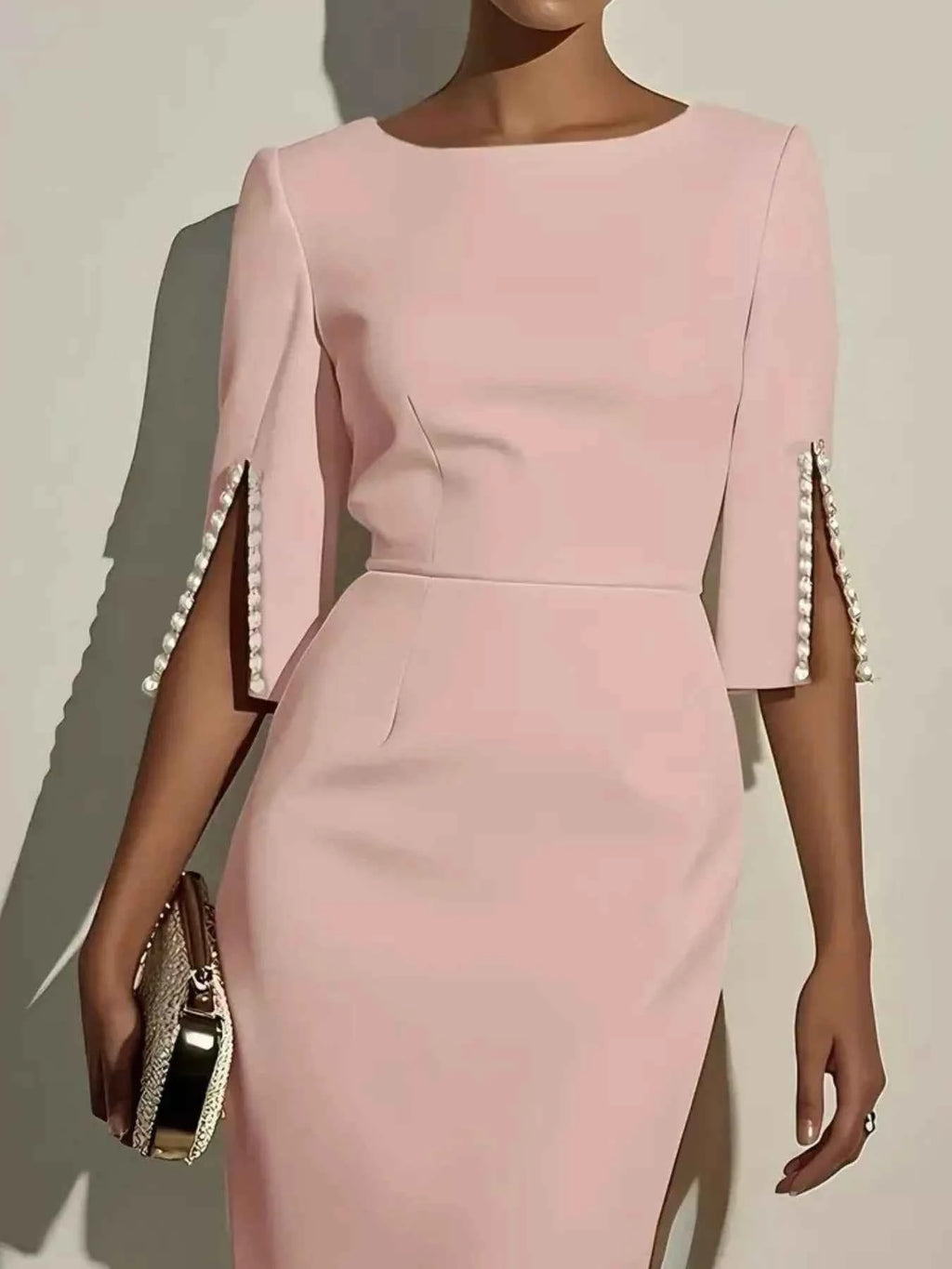 Slim-Fit Elegant Midi Dress with Beaded Slit Sleeve