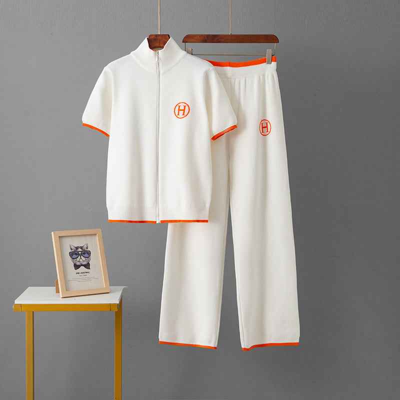 Zipper short sleeved top+sports wide leg pants two-piece set for women