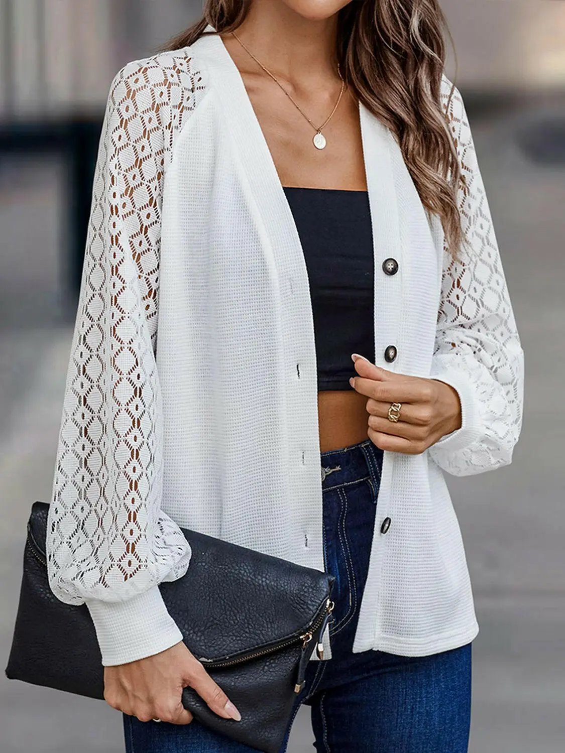 Shiny Lantern Sleeve V-Neck Button-Down Cardigan.