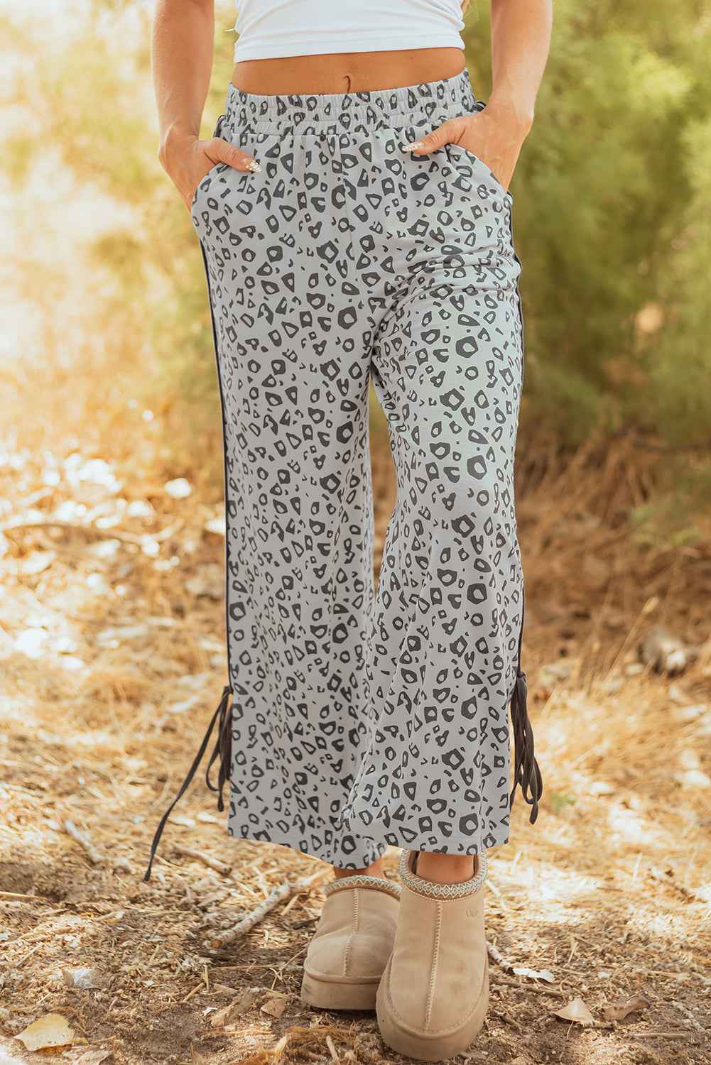 Gray Leopard High Waist Side Bow Straight Leg