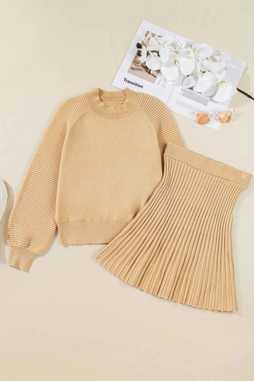 Smoke Gray High Neck Puff Sleeve Sweater Pleated Mini Skirt 2pcs Knitted Outfit