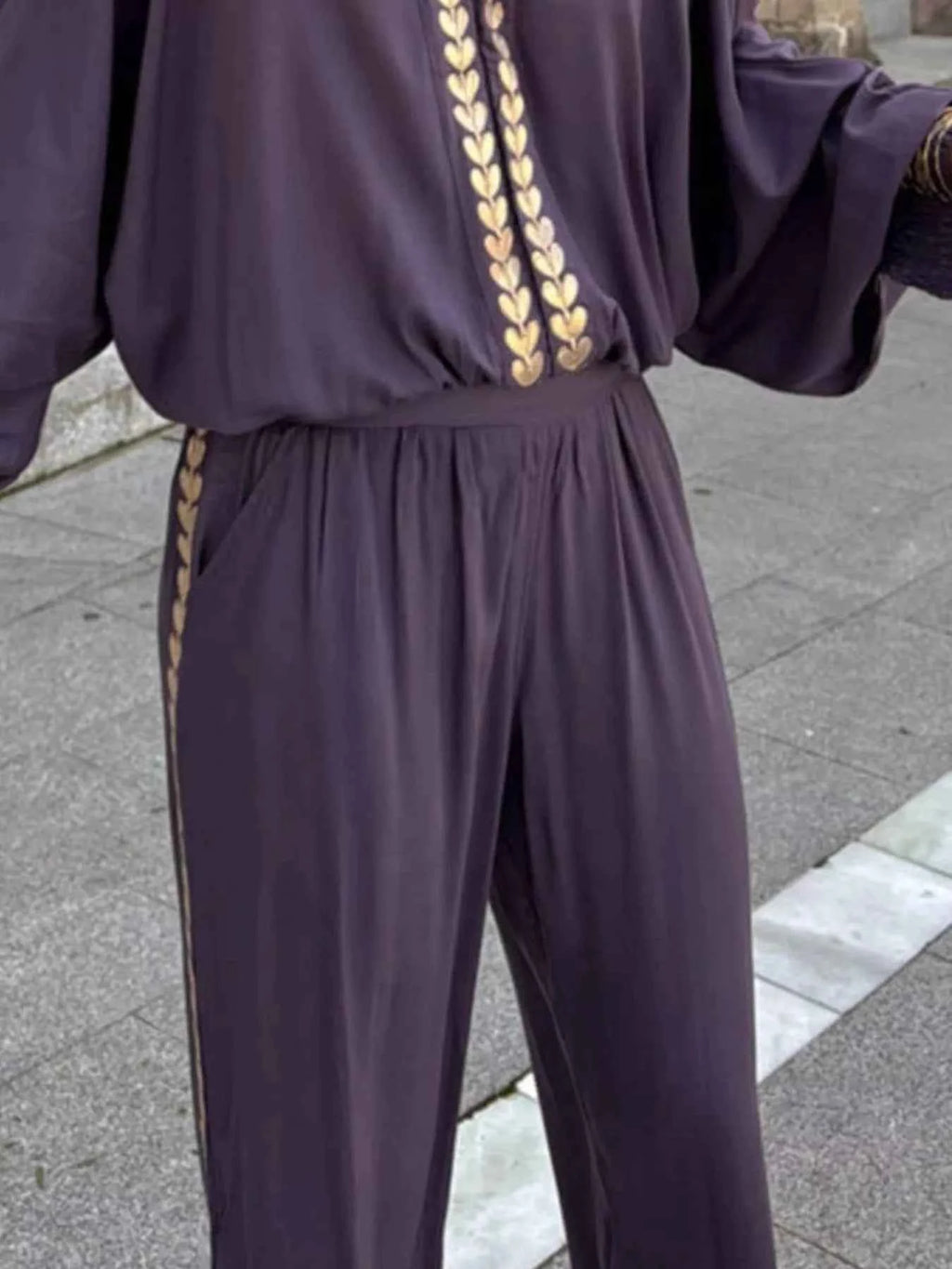 Full Size Contrast Trim V-Neck Top and Pants Set Plus Size