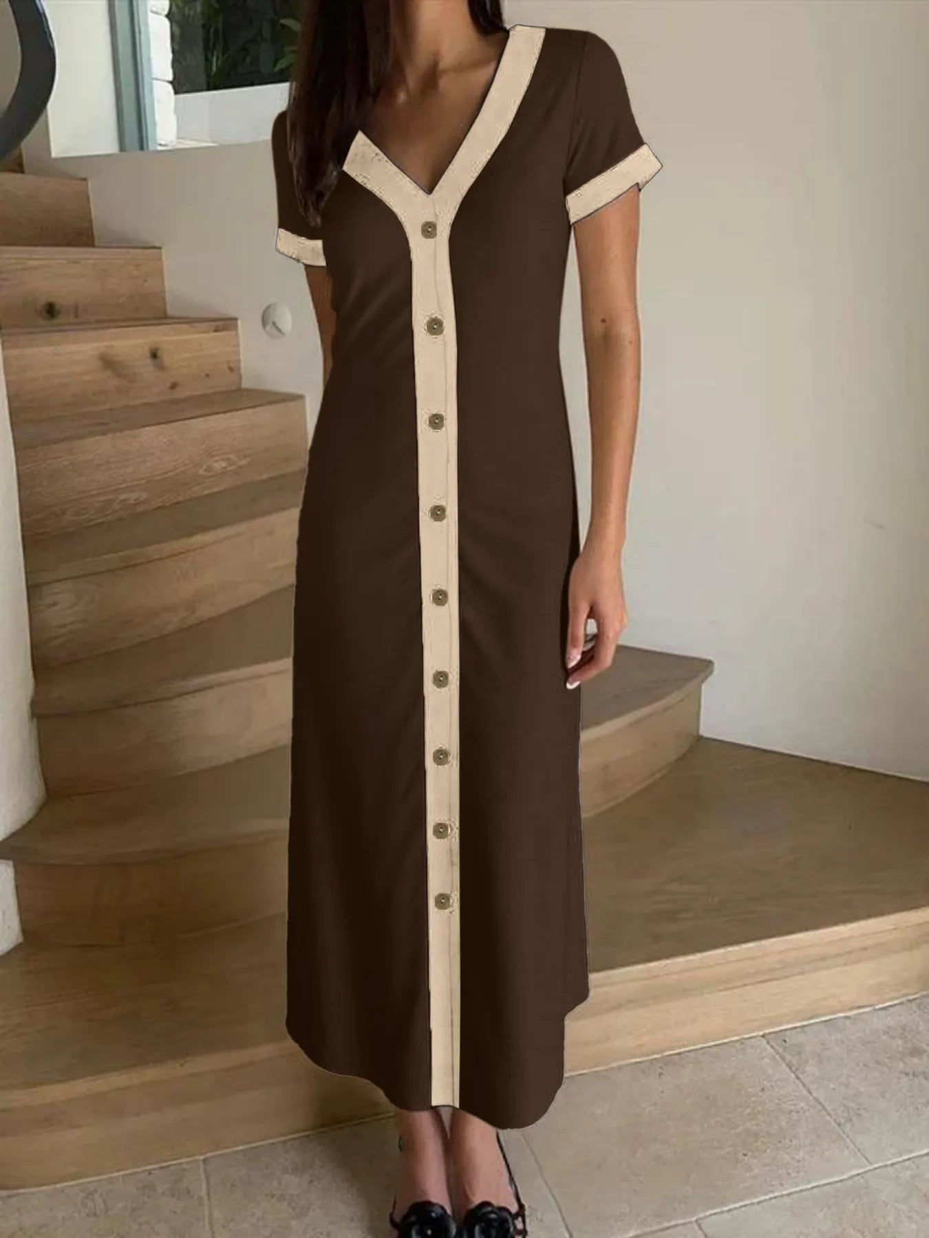 Button-Front Contrast Trim Midi Dress.