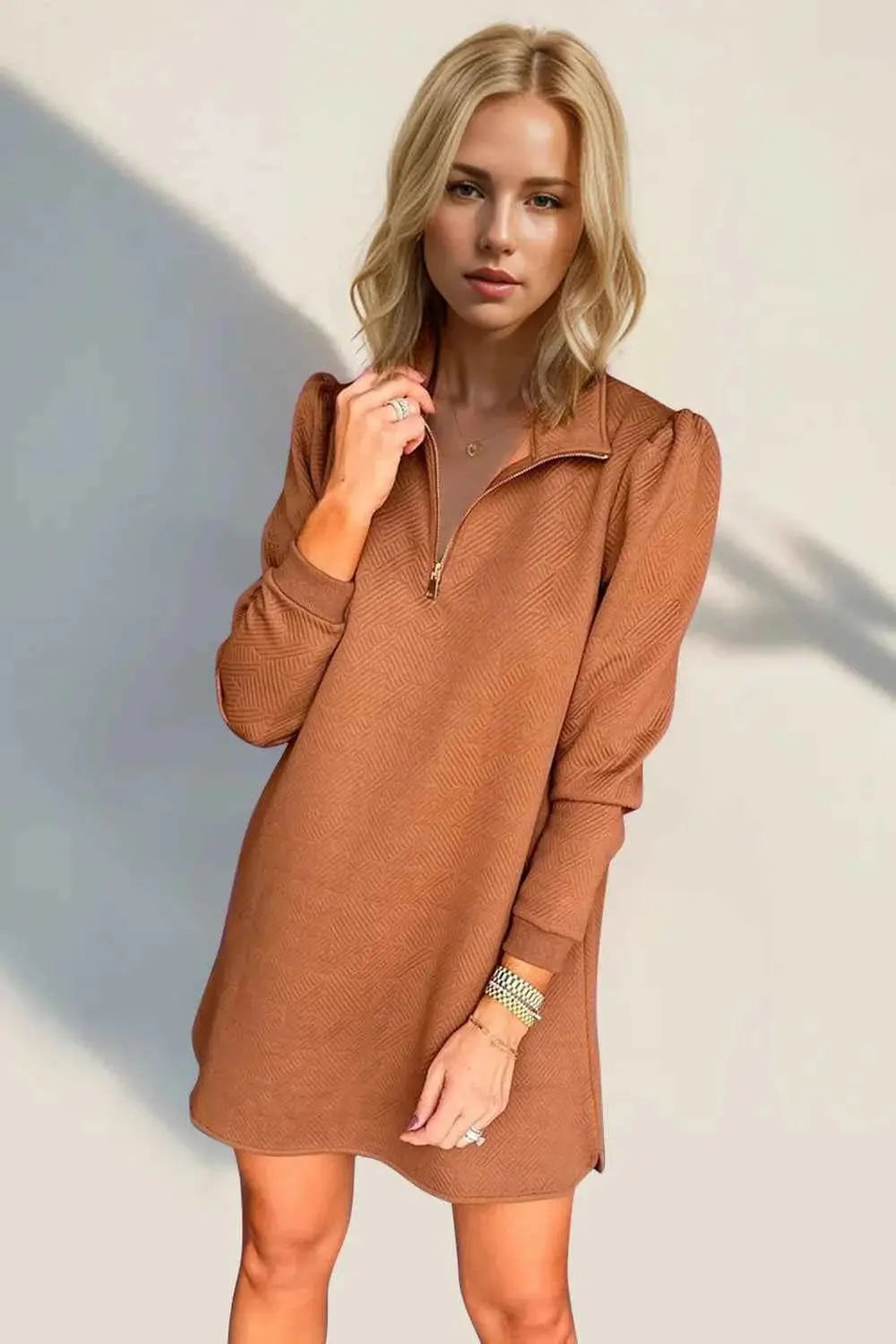 Double Take Textured Quarter Zip Long Sleeve Dress.