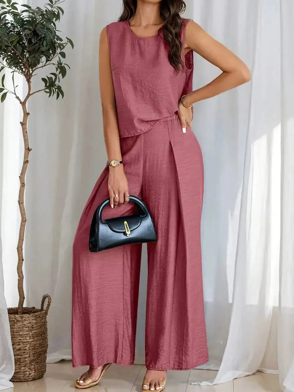 Round Neck Sleeveless Top and Wide Leg Pants Set.