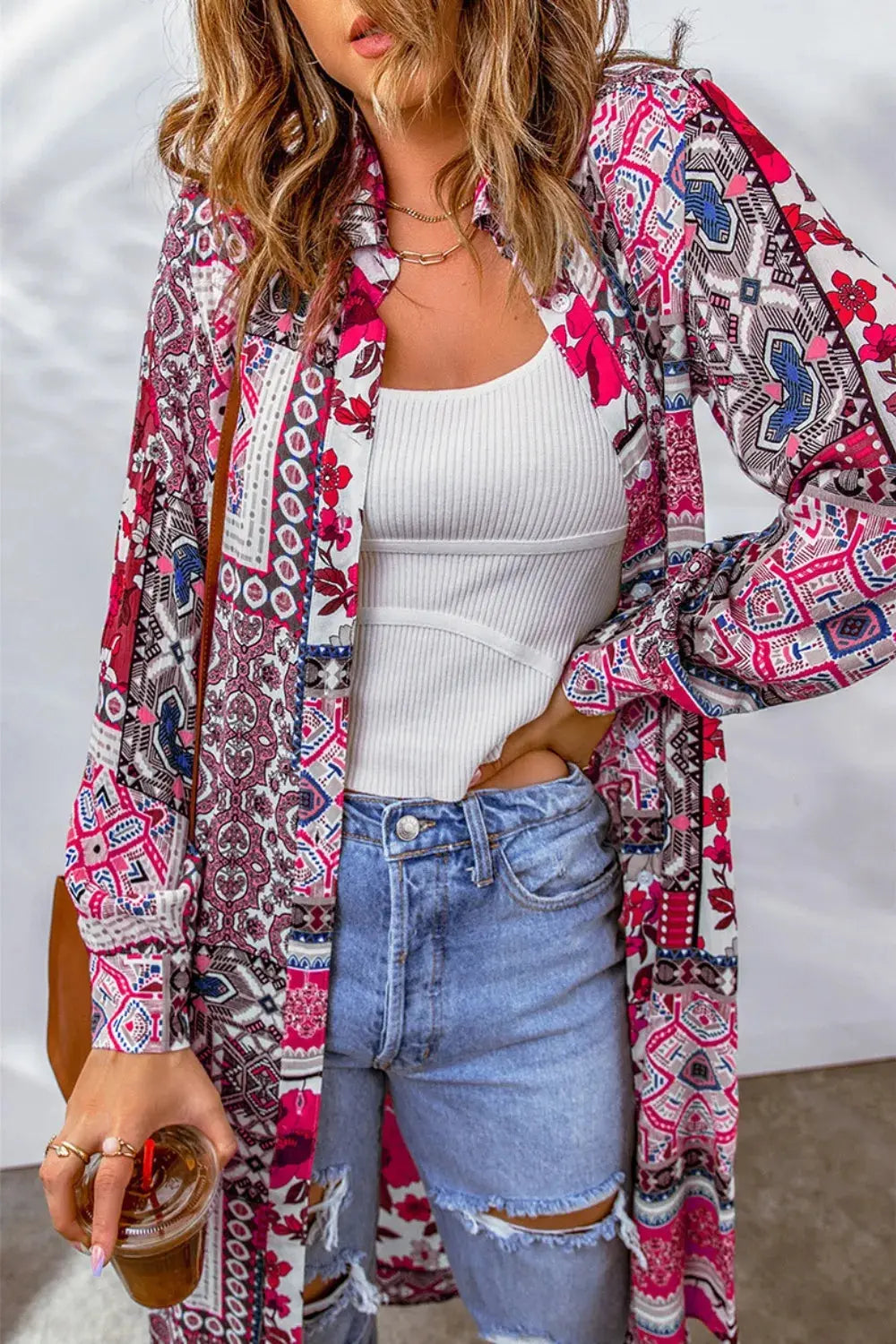 Printed Button Up Long Sleeve Cardigan.