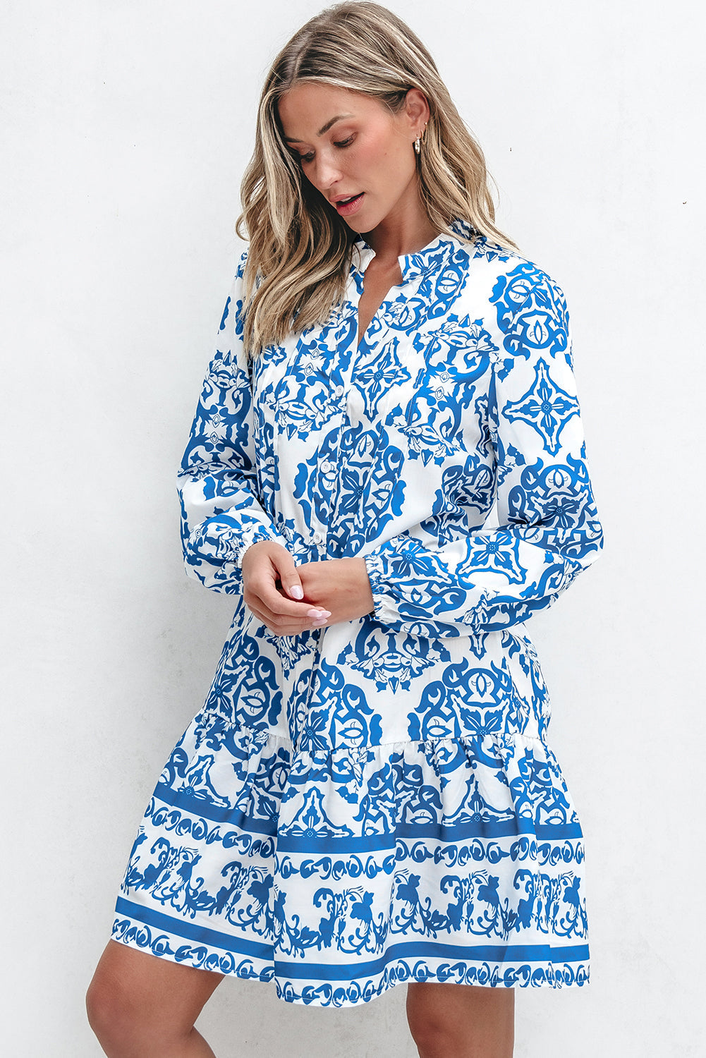 Sky Blue Tribal Print Button Up Notch Neck Loose Mini Dress Dear-Lover Dropshipping
