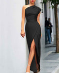 Hot selling women's single shoulder high waisted front slit temperament dress
