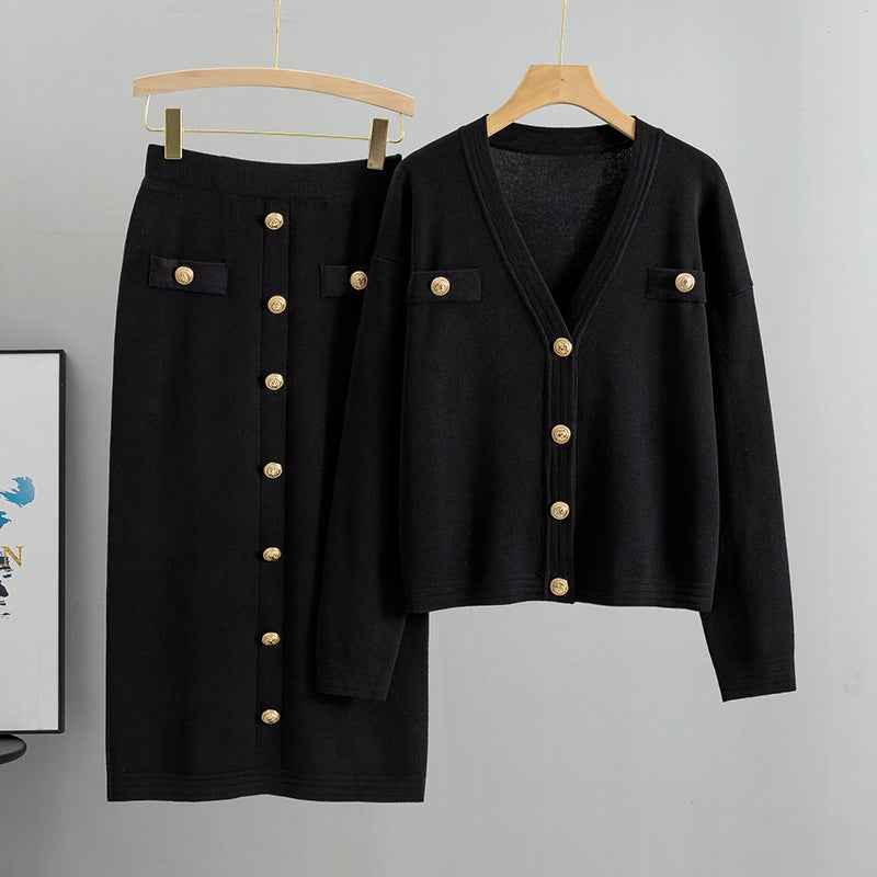 European and American small fragrant style cardigan sweater half body hip skirt two-piece set knitted set