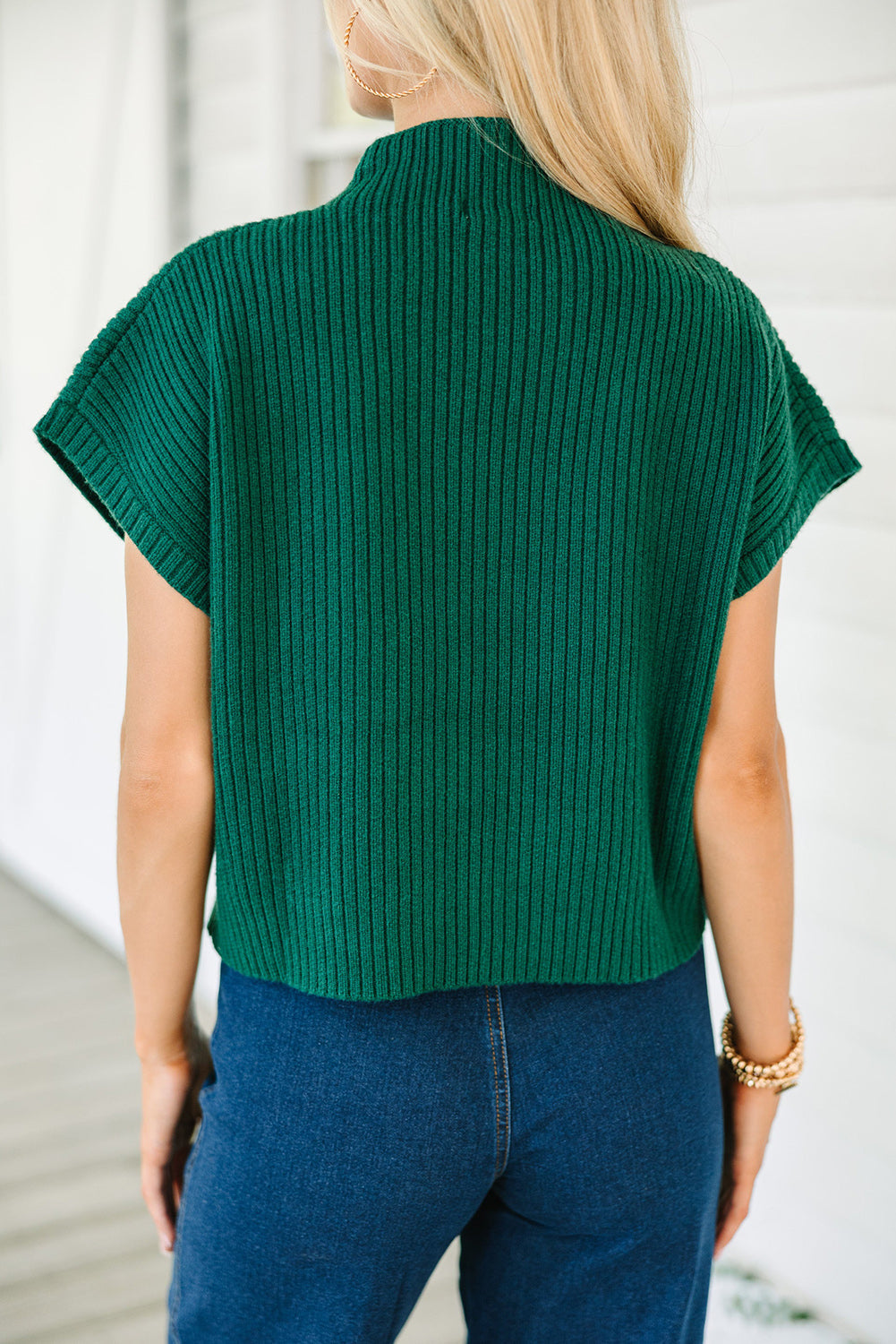 Blackish Green Patch Pocket Ribbed Knit Short Sleeve Sweater Dear-Lover Dropshipping