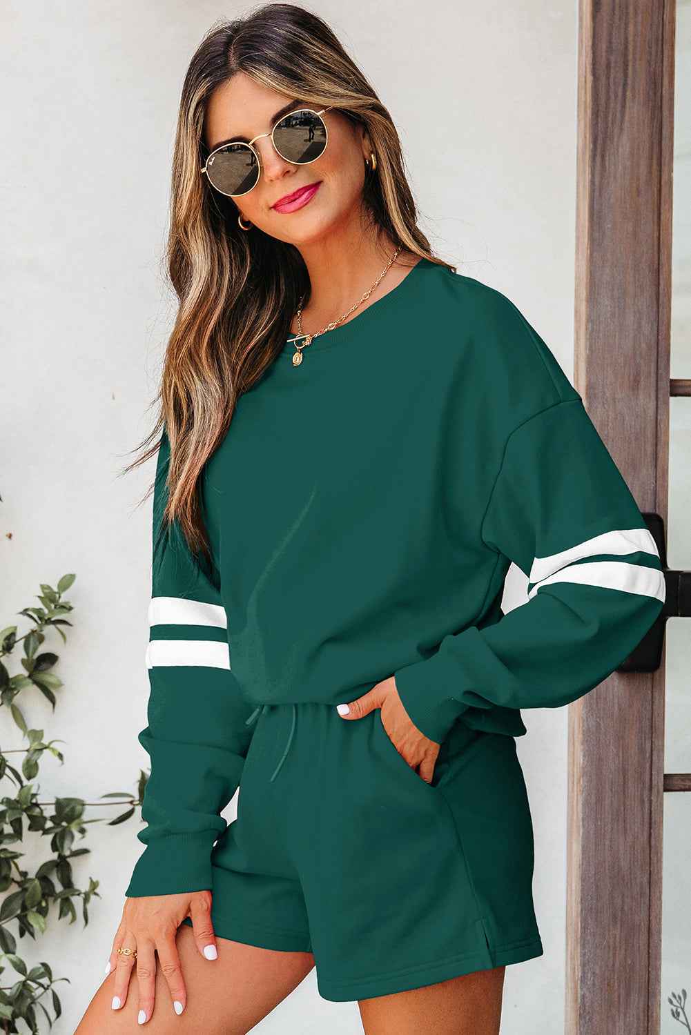 Evergreen Varsity Striped Sleeve Drop Shoulder Sweatshirt and Short Set