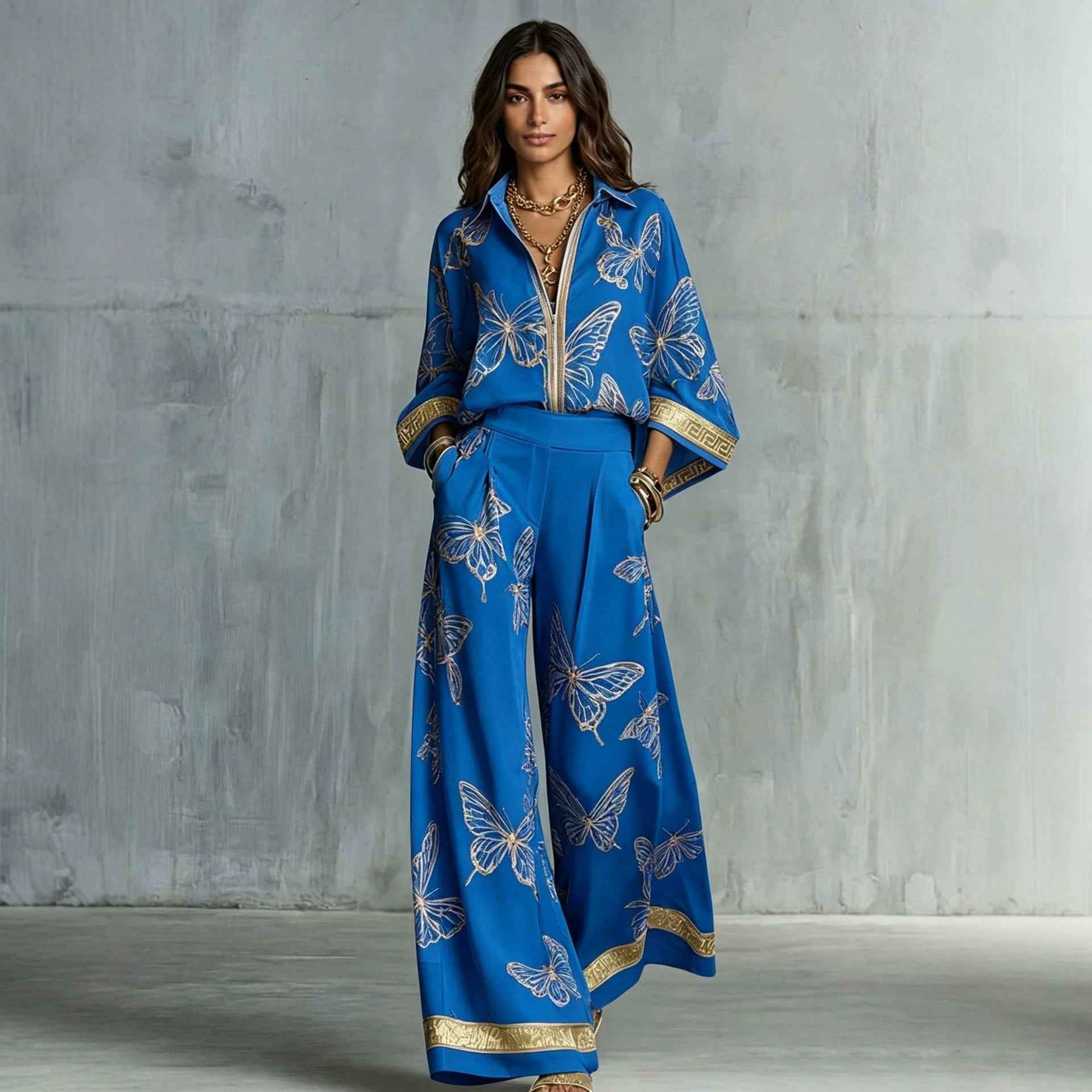 Style Women's Retro Printed Sexy Deep V Neck Loose Zipper Top with Wide Leg Pants Two-Piece Set