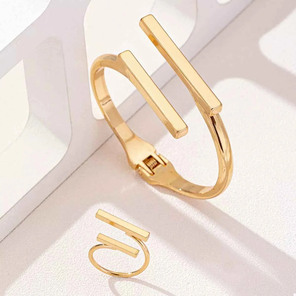 Adjustable 18K Gold-Plated Modern Bar Bracelet and Ring Jewelry Set