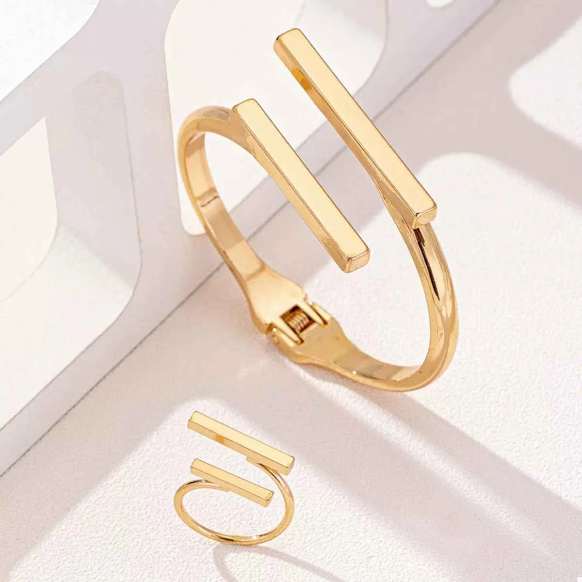 Adjustable 18K Gold-Plated Modern Bar Bracelet and Ring Jewelry Set
