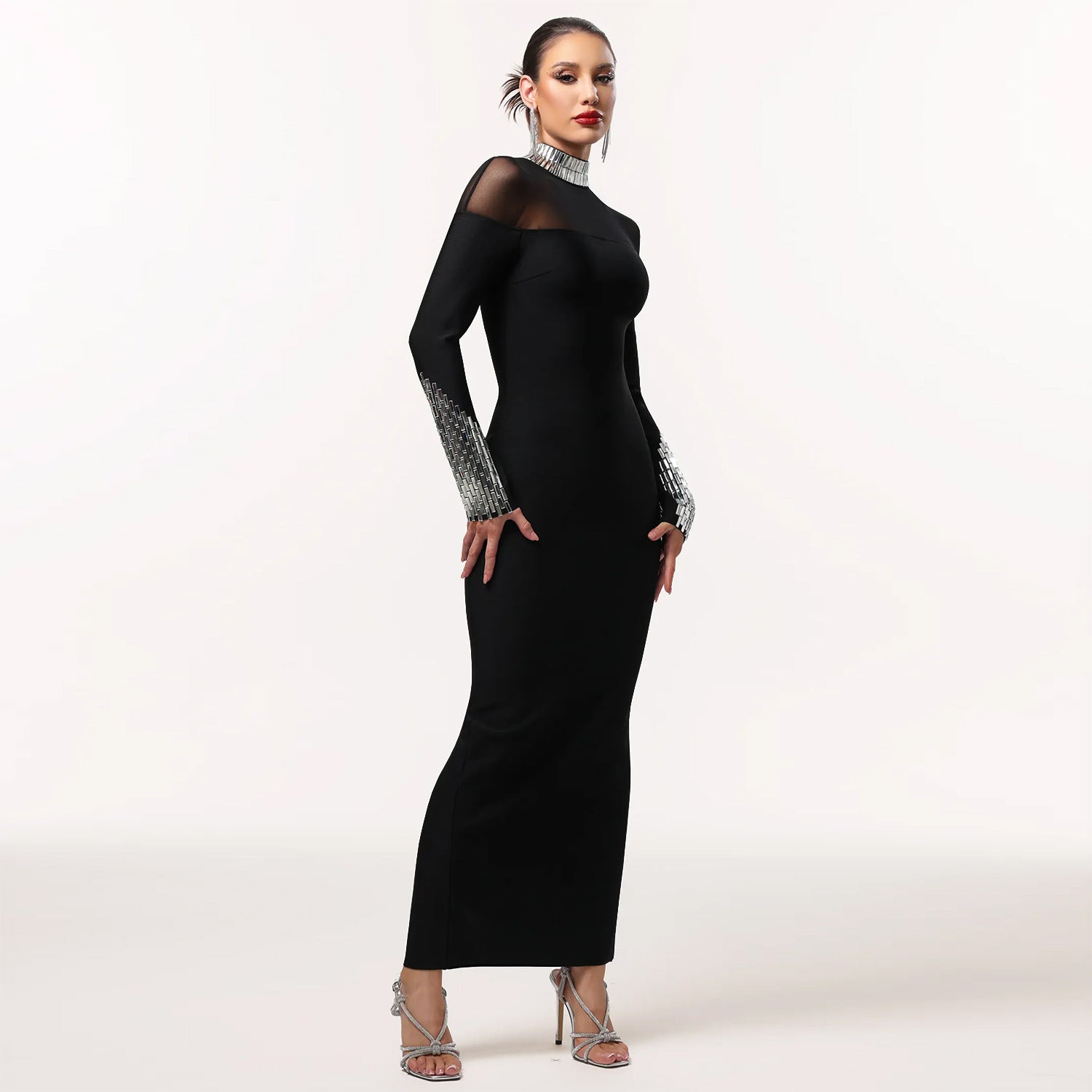 Elegant High Neck Long Sleeve Fitted Sequined Dress for Women