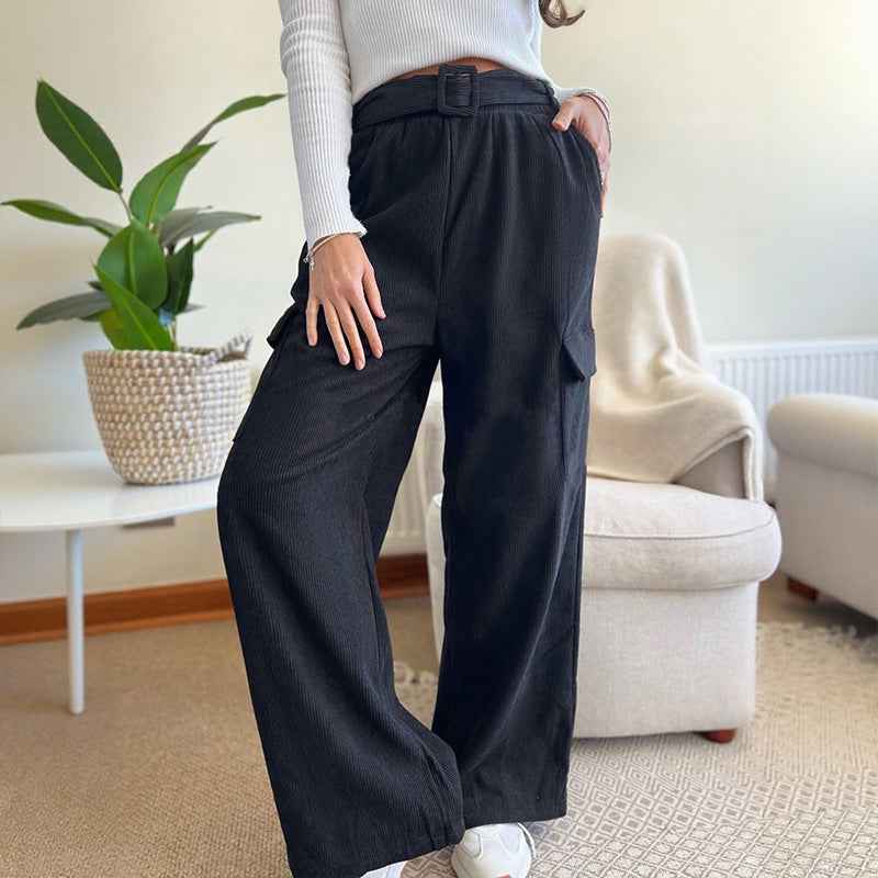 Minimalist style loose solid color corduroy wide leg pants for women