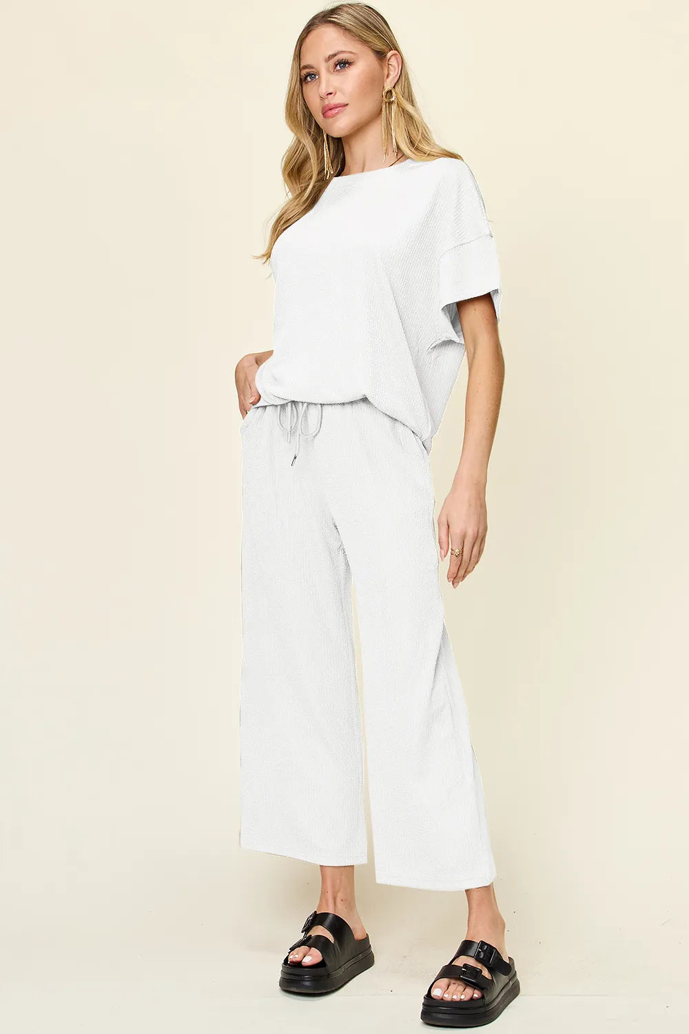 Double Take Full Size Texture Round Neck Short Sleeve T-Shirt and Wide Leg Pants - CHIC TB