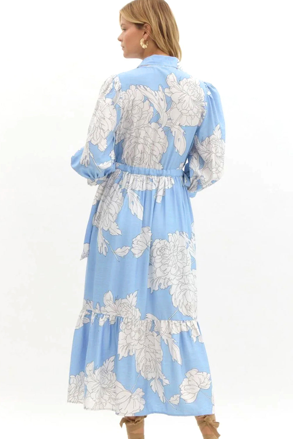 Sky Blue Floral Print Shirt Collar Button Down 3/4 Sleeve Ruffle Hem Long Dress Dear-Lover Dropshipping