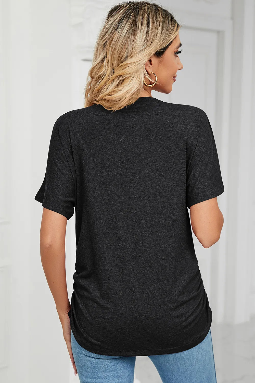 Ruched V-Neck Short Sleeve T-Shirt.