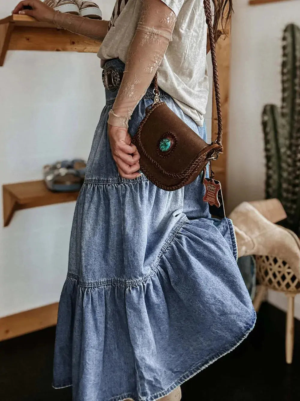 Tiered Button-Fly Denim Skirt.