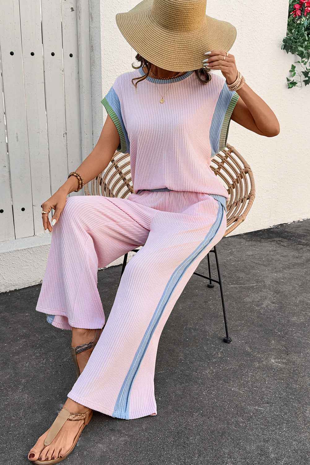 Pink Corded Colorblock Patchwork Short Sleeve Top and Loose Pants Set
