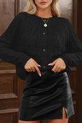 Black Solid Color Textured Detail Button Down Long Sleeve Sweater Cardigan
